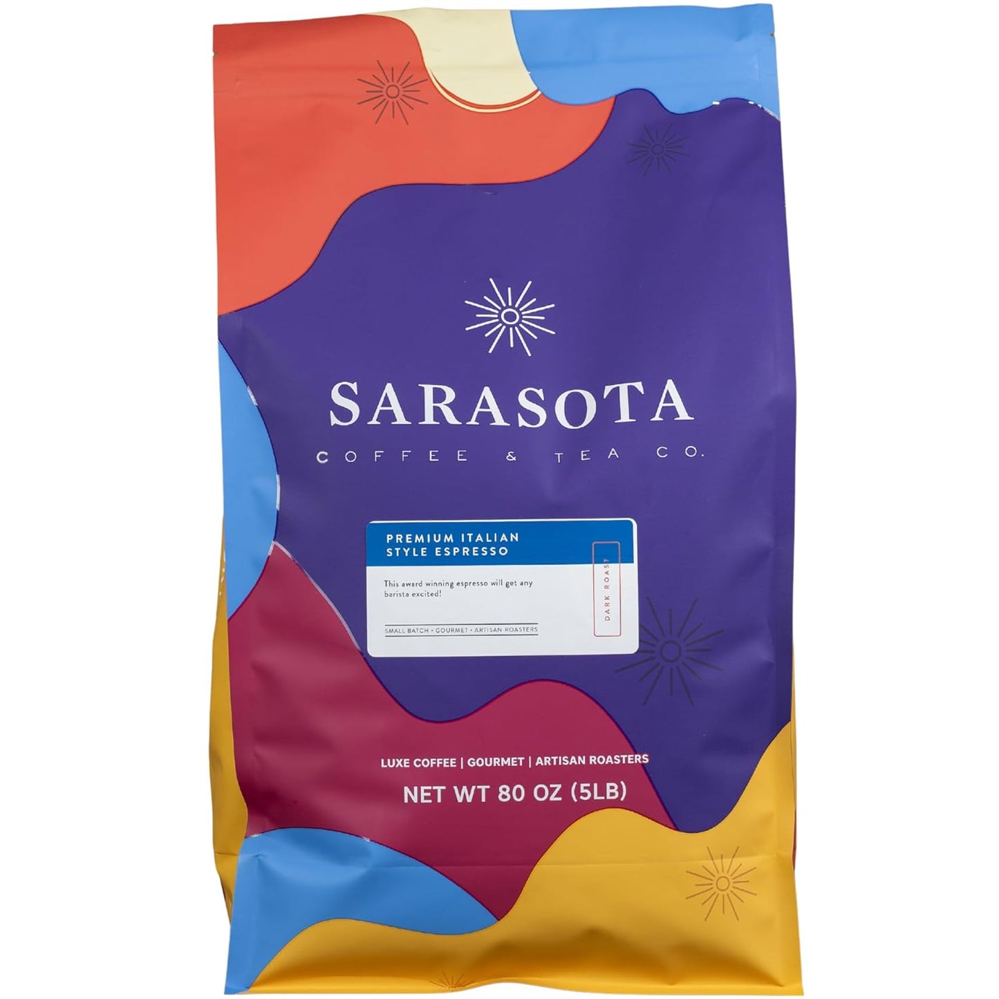 Sarasota Coffee Whole Bean Espresso | Dark Roast Gourmet Coffee Beans | Low Acid, Mold Free, Specialty Grade Bulk Beans | 5lb (80 oz)