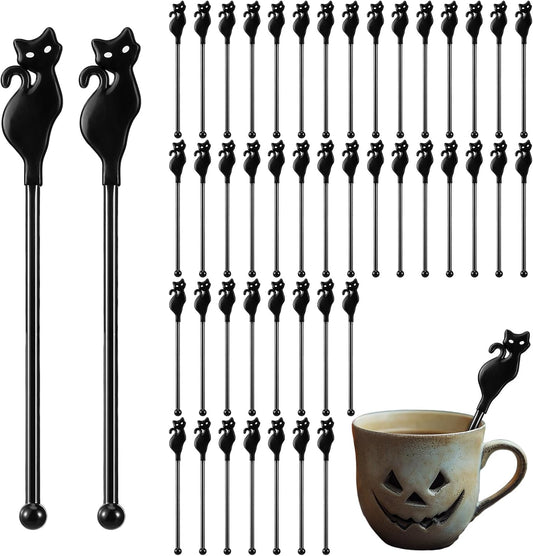 30 Pcs Halloween Swizzle Sticks Plastic Coffee and Cocktail Stirrers Fall Thanksgiving Drink Stirrers Cocktail Mixers for Halloween Fall Autumn Party Tea Coffee Bar Decoration(Black Cat)