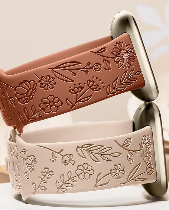SNBLK 2 Pack Engraved Bands Only Compatible with Fitbit Versa 3/Fitbit Sense/Fitbit Versa 4/Fitbit Sense 2 Bands Four Models, Sunflower Rose Elegant Soft TPU Floral Pattern Replacement Strap Women