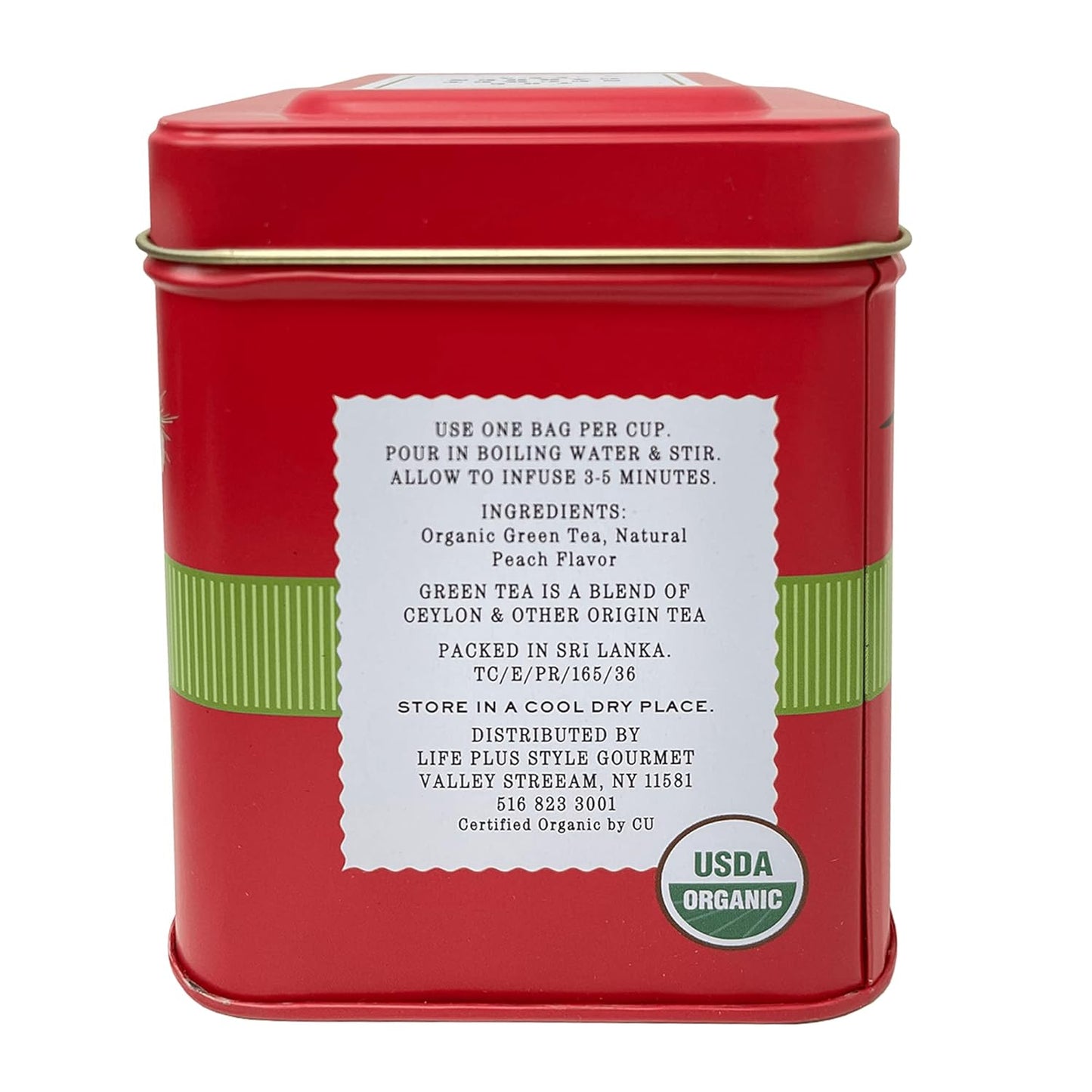 Organic Peach Ceylon Green Tea - 50 Packets - Natural Antioxidant Rich Herbal Leaf Teabags - USDA Certified 100% Non-GMO - Caffeinated Designer Gift Tin