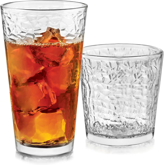 Libbey Yucatan Tumbler and Rock Glasses Drinking Set, Textured Drinking Glasses Set of 16, All Purpose Glass Cups Set for Events and Everyday Use
