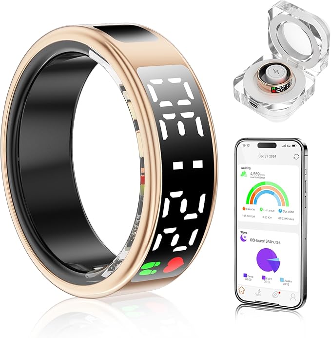 Smart Ring Health Tracker with Display Screen & Touch Button, Bluetooth Connection Health Ring for Women Men, Tracks Heart Rate/Blood Oxygen/Sleep/Steps/Sports Activities, IP68 Waterproof