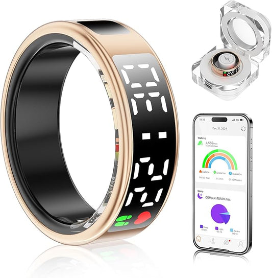 Smart Ring Health Tracker with Display Screen & Touch Button, Bluetooth Connection Health Ring for Women Men, Tracks Heart Rate/Blood Oxygen/Sleep/Steps/Sports Activities, IP68 Waterproof
