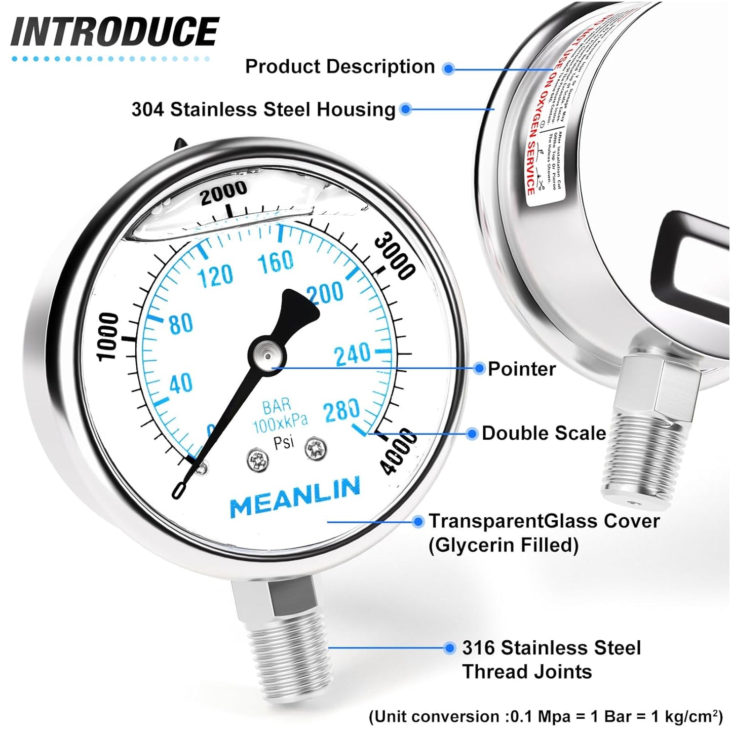 MEANLIN MEASURE 0~4000Psi Liquid Filled Pressure Gauge Stainless Steel with 316 Stainless Steel Joint 1/4" NPT 2.5" FACE DIAL for WOG Water Oil Air Lower Mount
