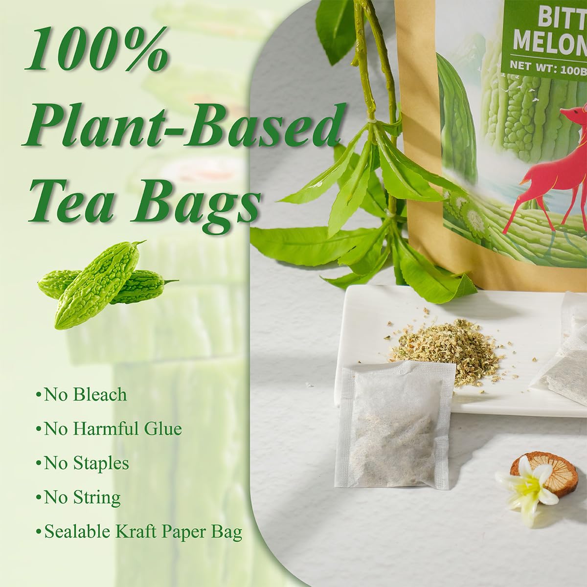 WT WEETEE Bitter Melon Tea Bags, Zero Sugar Tea, 100 Count Made with 100% Pure Natural Bitter Melon, Caffeine-free Momordica Charantia Tea