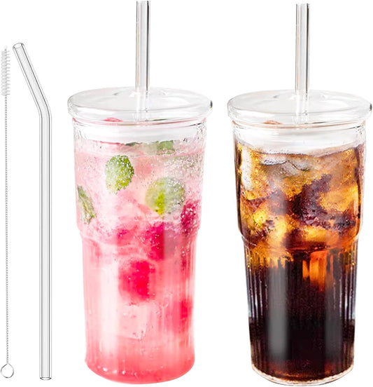 Glass Tumbler with Straw and Lid, 20 OZ Clear Iced Coffee Glasses Cups for Ice Water, Juice, Tea, Milk, Smoothie and Cold or Hot Drinks, Set of 2