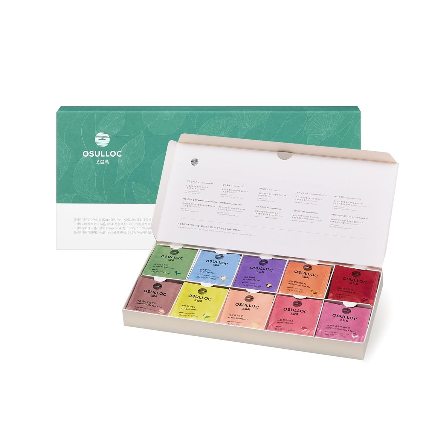 OSULLOC Premium Tea Collection (40 count, 10 flavors x 4 ea), Assorted Tea bag Sampler, Tea Gift sets for Tea lover, Self Care Gift Box, Premium Organic Pure & Blended Tea from Jeju