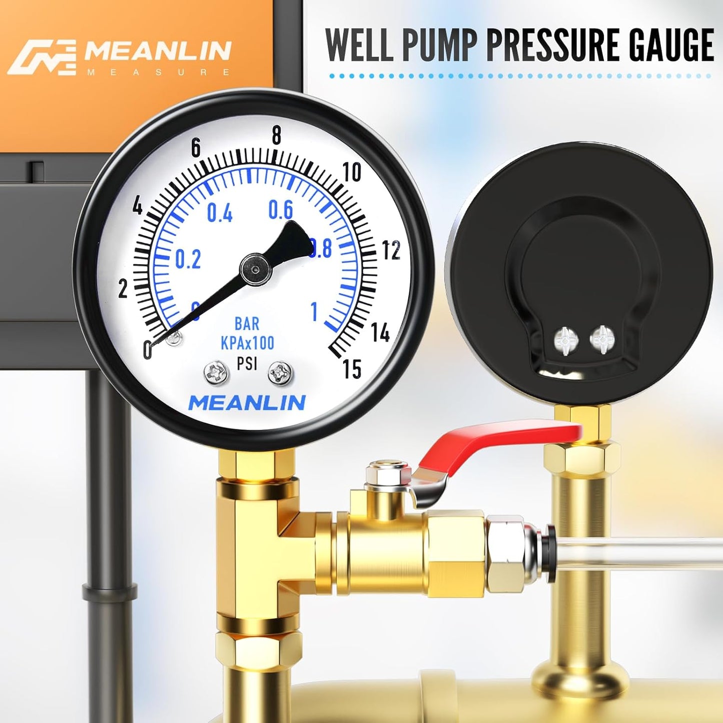 MEANLIN MEASURE 0-15Psi Well Pump Pressure Gauge 1/4" NPT 2" FACE DIAL for Water Oil Air Well Pump Tank Tire Pressure Test Lower Mount, with Teflon Tape