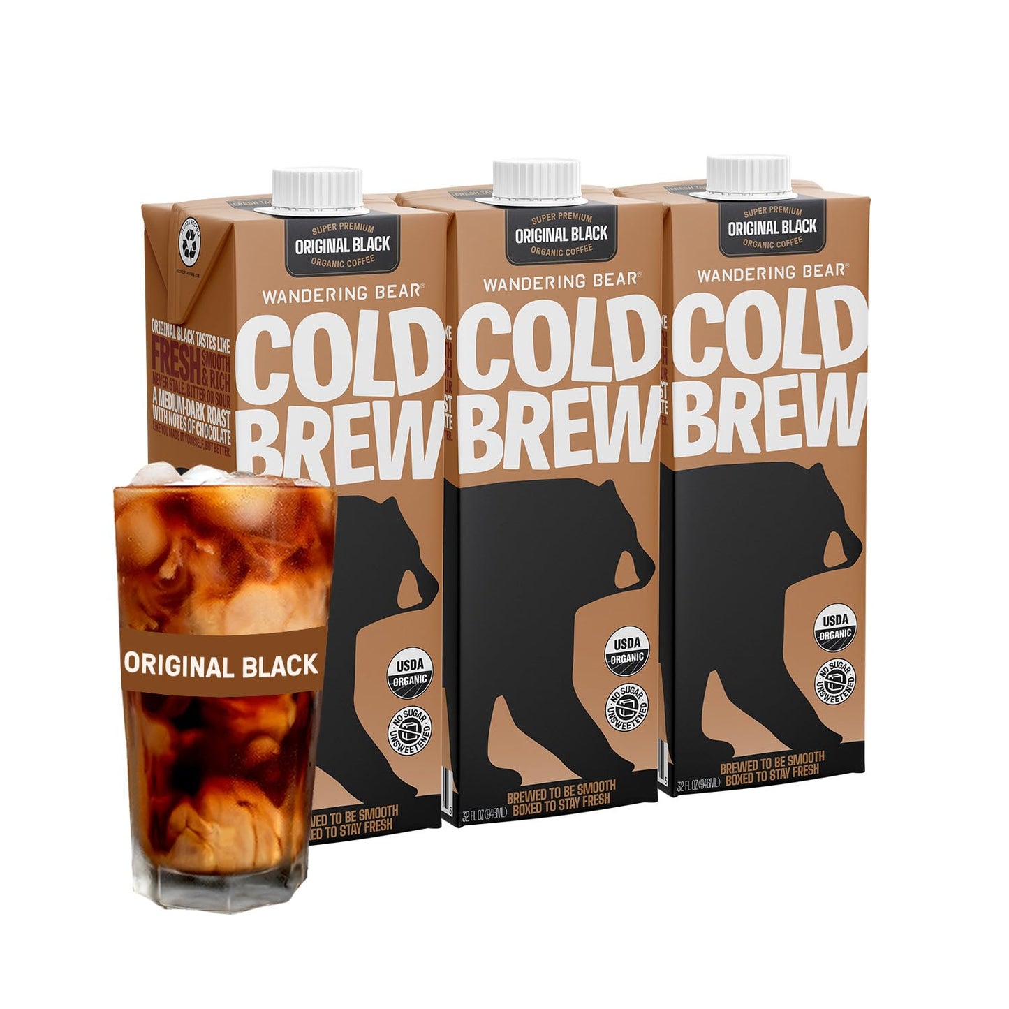 Wandering Bear Straight Black Organic Cold Brew Coffee, 32 fl oz, 3 pack - Extra Strong, Smooth, Organic, Unsweetened, Shelf-Stable, Ready to Drink Iced Coffee