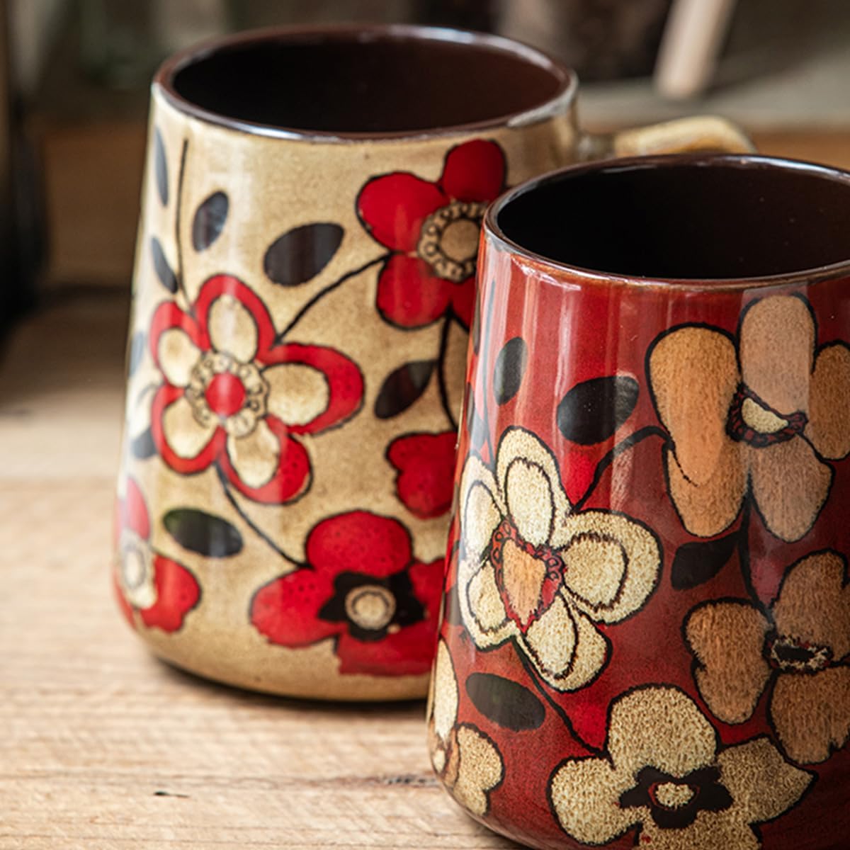 Large 24 oz Ceramic Coffee Mug with Large Handle, Vintage Floral Coffee Cup, Extra Big Tea Cup for Office and Home, Dishwasher and Microwave Safe, Red