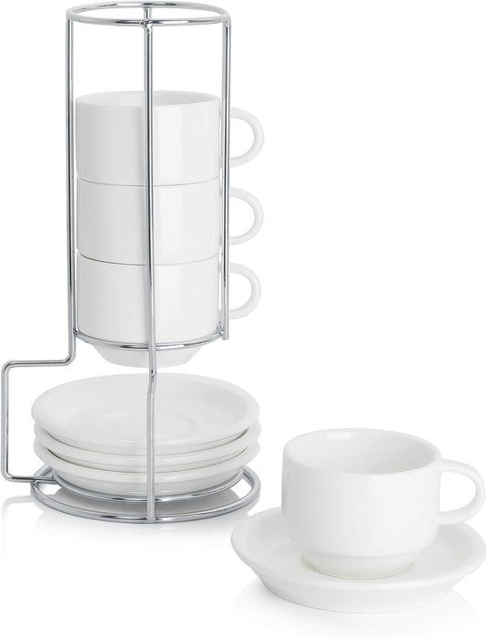 Sweese 2.5 Ounce Porcelain Stackable Espresso Cups with Saucers and Metal Stand Set of 4, White