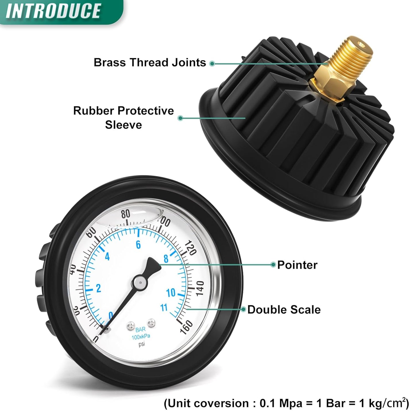 0-160PSI Stainless Steel Liquid Filled Pressure Gauge, 2.5" Dial Size, 1/4" NPT Back Mount, with Rubber Protective Sleeve, for Tube, Water Pump, Gas, Liquid, Pressure Test