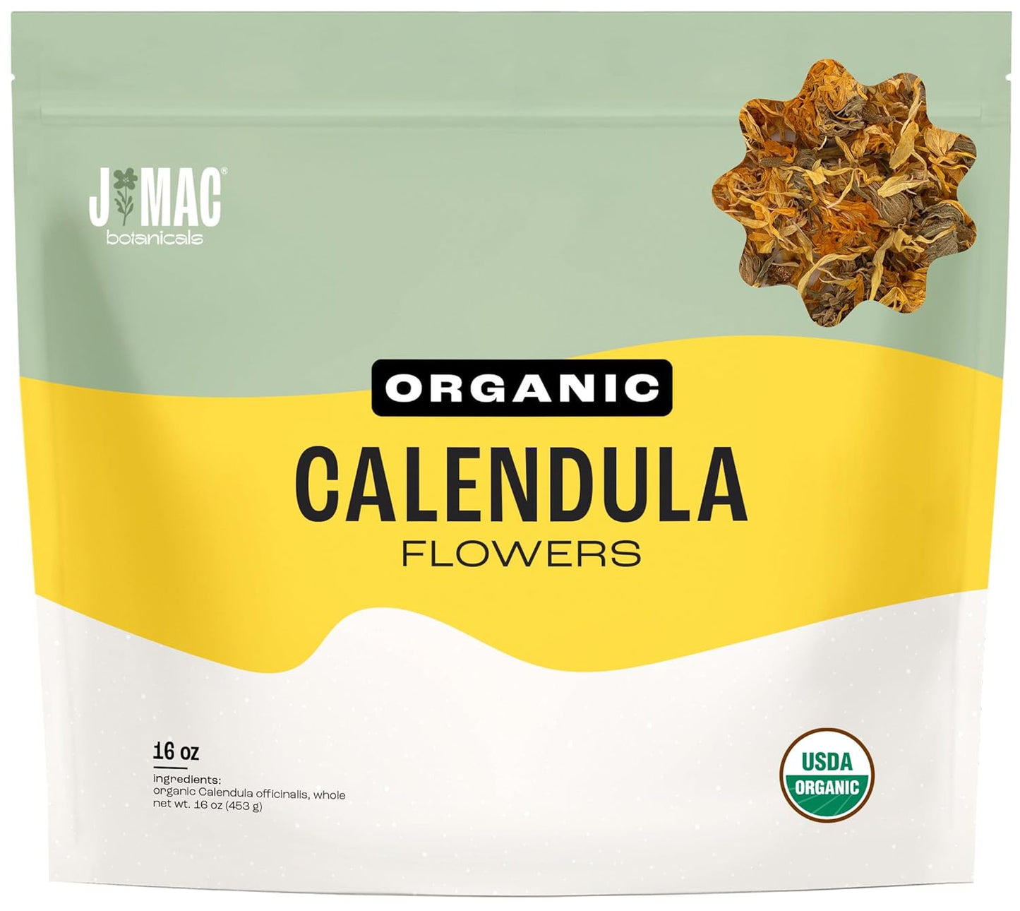 J Mac Botanicals, Organic Calendula Flower (16 ounce), whole dried flowers and petals, loose leaf tea, marigold flower, USDA Certified Organic. Great for loose leaf teas, cocktail bombs, salve