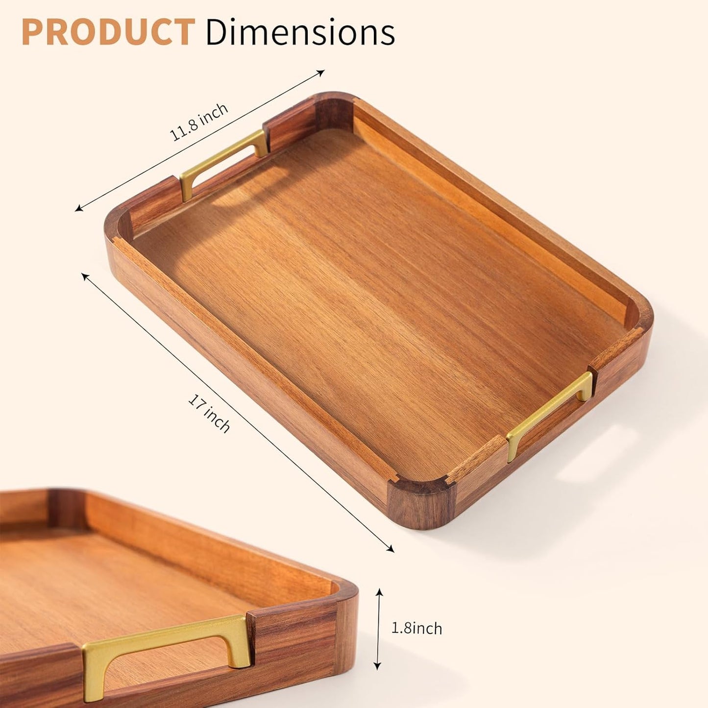 Acacia Wood Serving Tray with Metal Handles, 17x12in Food Drinks Tray for Coffee Table, Breakfast, Dinner & Bar, Rustic Decorative Storage Tray for Ottoman, Kitchen, Parties