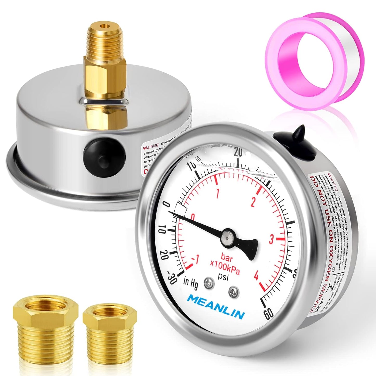MEANLIN MEASURE -30inHG~60Psi Stainless Steel 1/8" NPT 2.5" FACE DIAL Vacuum Pressure Gauge, Center Back Mount, with 1/4" NPT and 3/8" NPT Hex Bushing