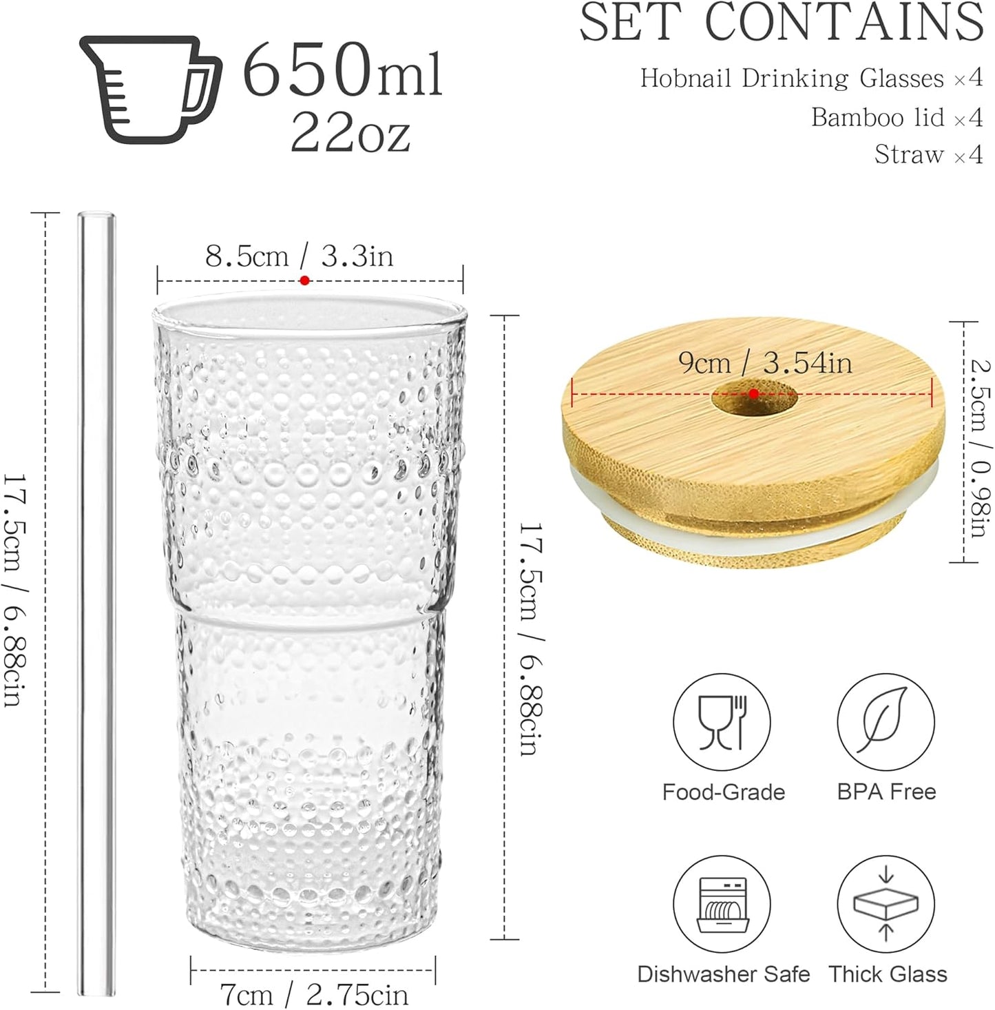 4 Pack 20oz Hobnail Drinking Glasses with Bamboo Lids and Glass Straw,High Borosilicate Glass Tumbler Cup Reusable Wide Mouth Smoothie Cups,Beer, Iced Coffee Glasses, Soda