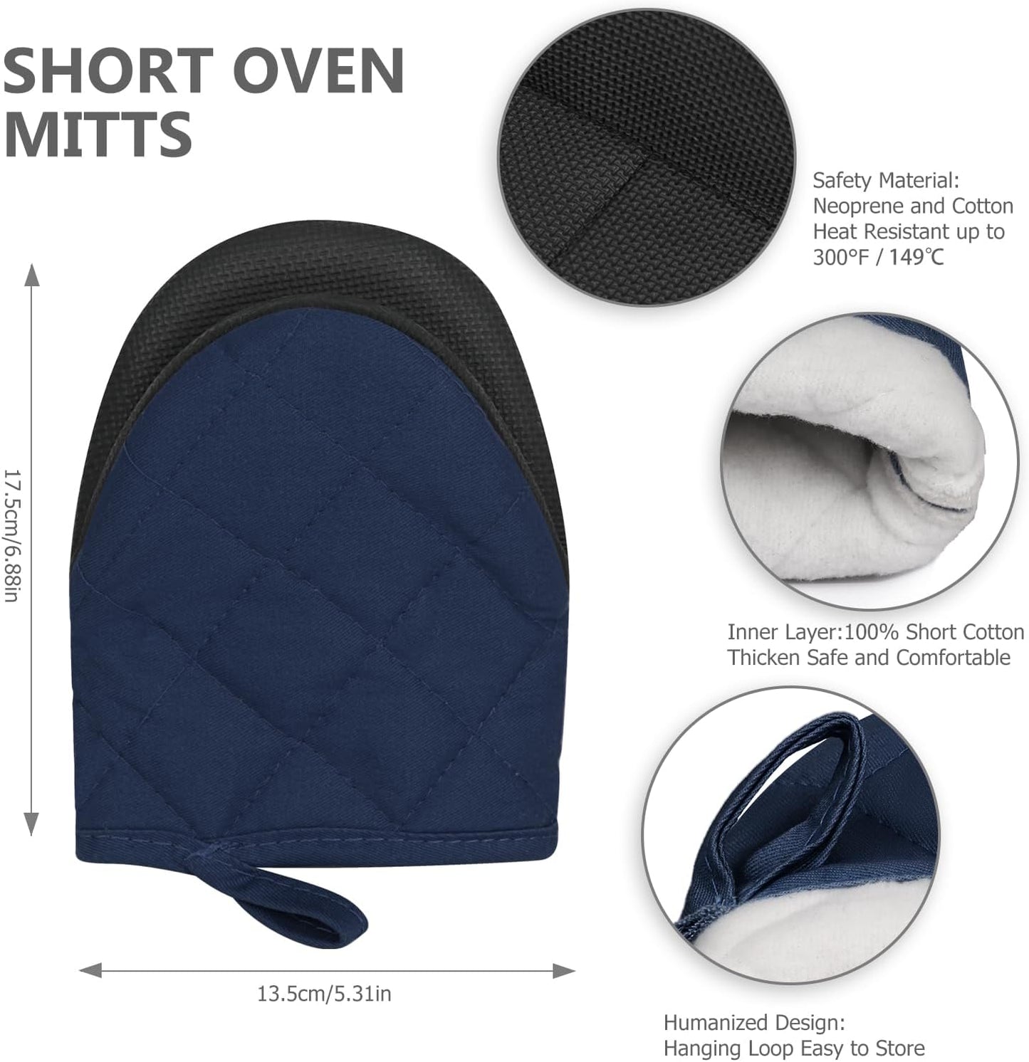 1 Pair Short Oven Mitts - Silicone Kitchen Oven Gloves High Heat Resistant 500℉, Mini Oven Mits with Non-Slip Grip Surfaces and Hanging Loop for BBQ, Baking, Cooking and Grilling (Dark Blue)