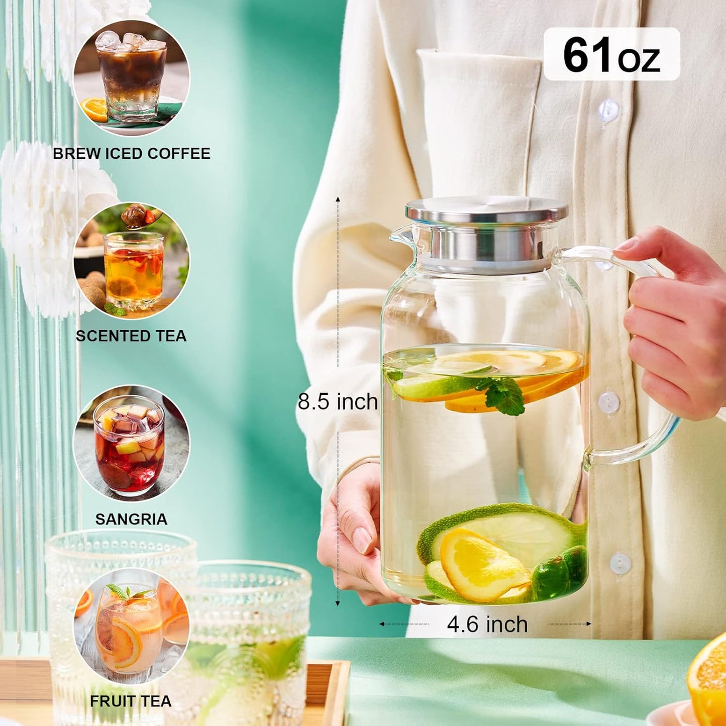 PARACITY Glass Pitcher with Lid, Hot& Cold Glass Water Pitcher with Handle, Iced Tea Pitcher Carafe for Coffee, Juice, Lemonade and Milk 61oz/ 1.8L…