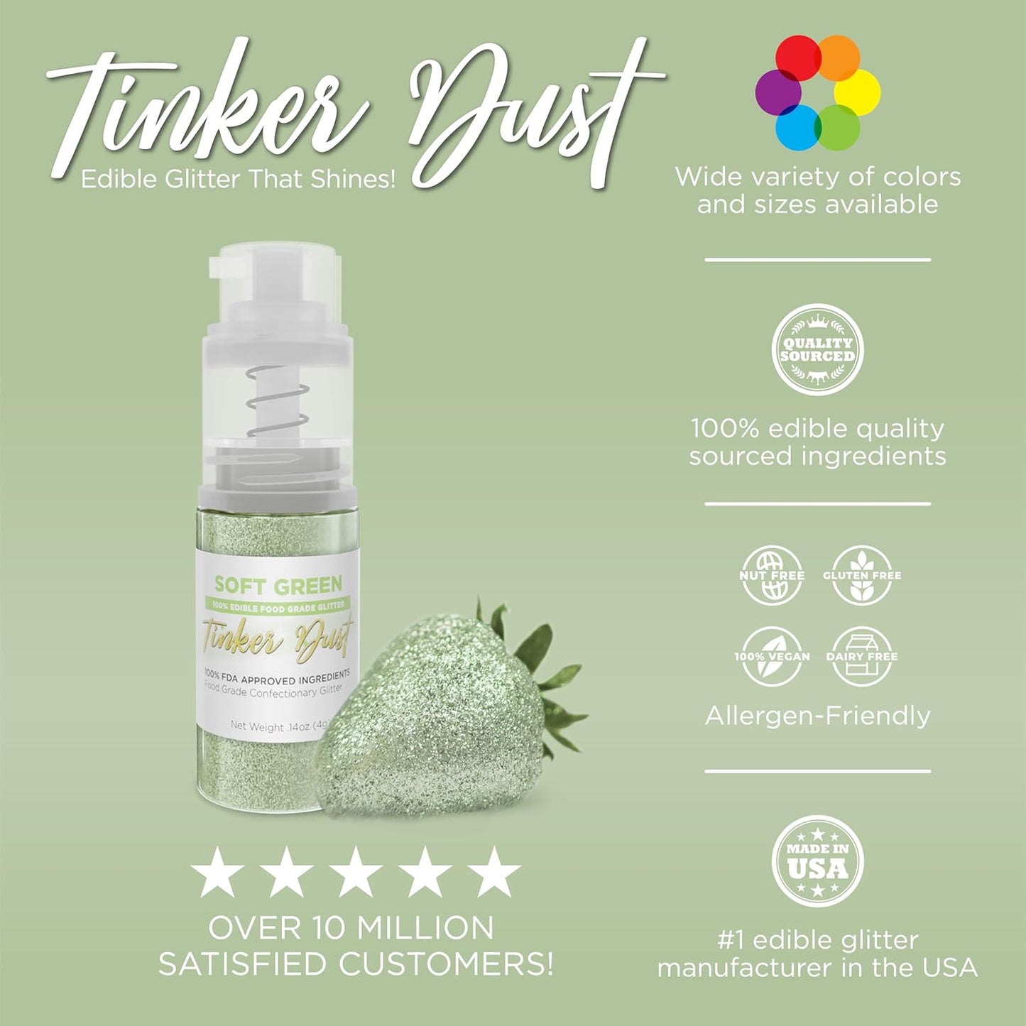 Bakell - Soft Green Tinker Dust (4g, 1x Mini Spray Pump) Edible Glitter for Food, Desserts, and Beverages!