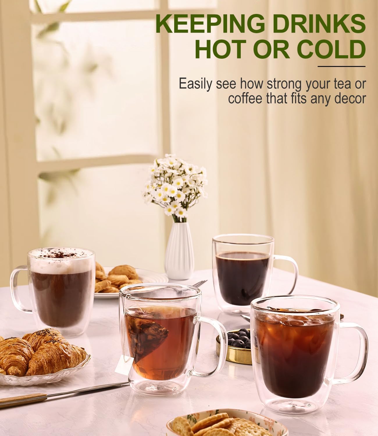 OJA Double Walled Glass Coffee Mugs Set of 4 12oz Hand Blown Clear Coffee Cup with Handle for Cappuccino, Tea Cups, Latte Espresso American Insulated, Heat Resistant Borosilicate Glass