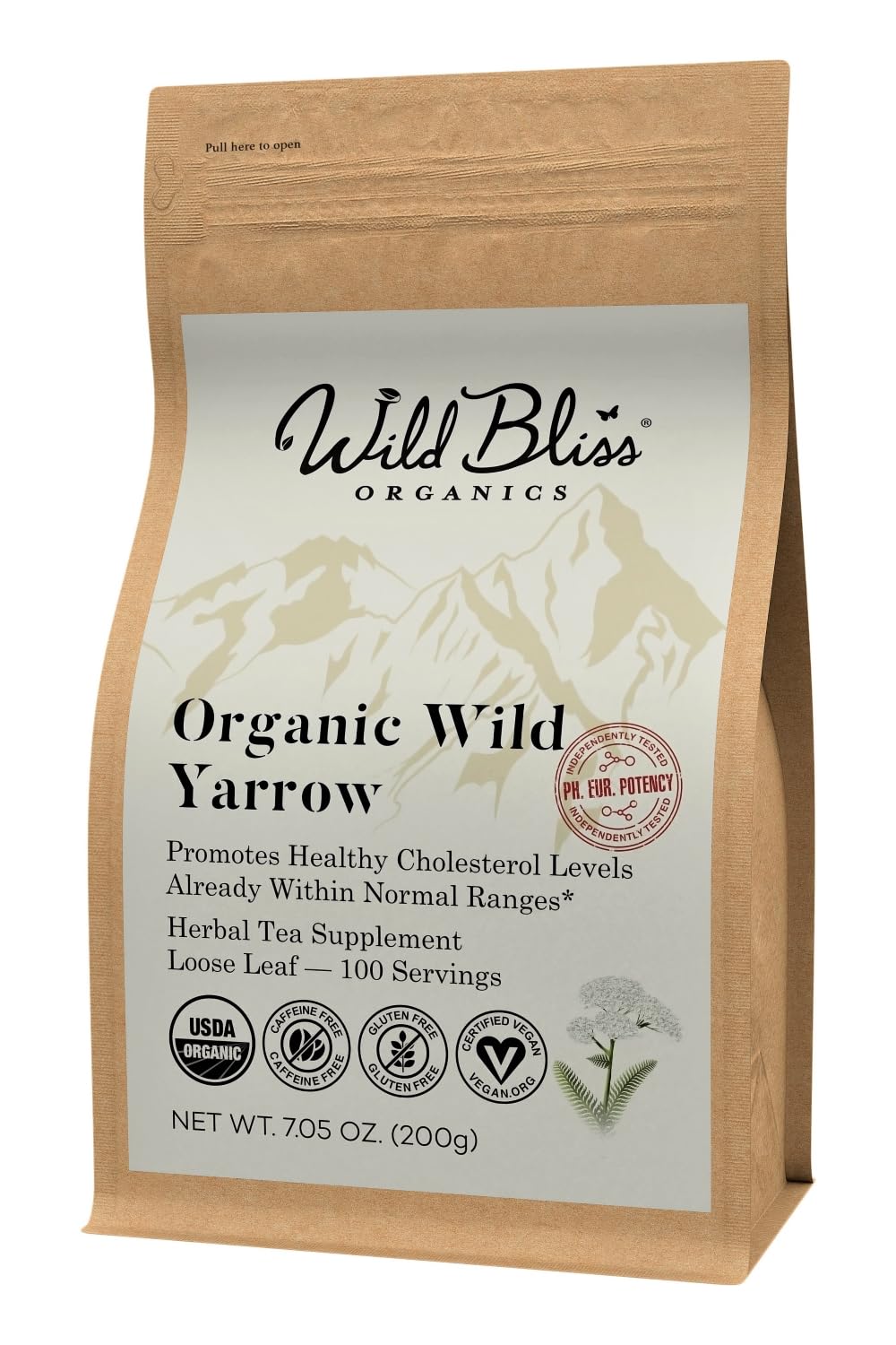 Wild Bliss Organic Yarrow Flower Tea - Caffeine Free Loose Leaf Herbal Tea - Pharmacopoeia Potency - 7 Ounces - 100 Servings