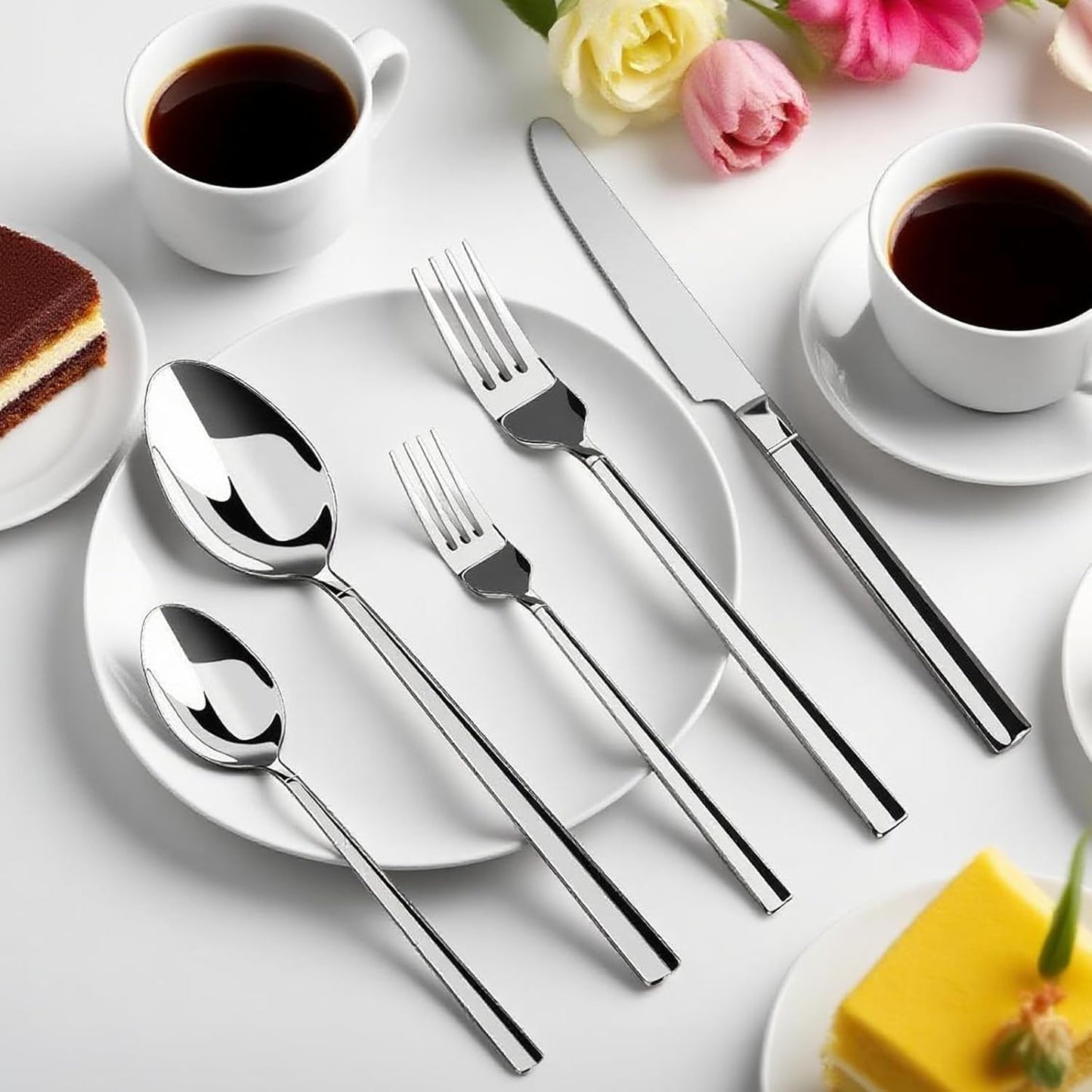 20-Piece Stainless Steel Flatware Set, Service for 4 — 4 × 5-Piece Place Settings (Knife, Dinner Fork, Salad Fork, Dinner Spoon & Teaspoon), Mirror-Finish, Dishwasher Safe Silverware