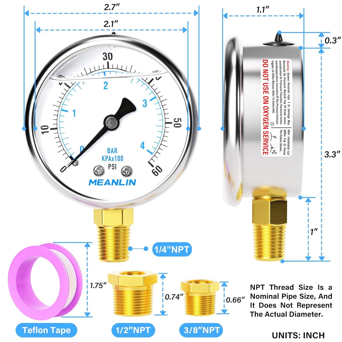 MEANLIN MEASURE 0~60Psi Stainless Steel 1/4" NPT 2.5" FACE DIAL,Liquid Filled Pressure Gauge,Pool Sand Filter Pressure Test Lower Mount(Pack of 2) with 1/4" x 1/2" NPT and 1/4" x 3/8" NPT Hex Bushing