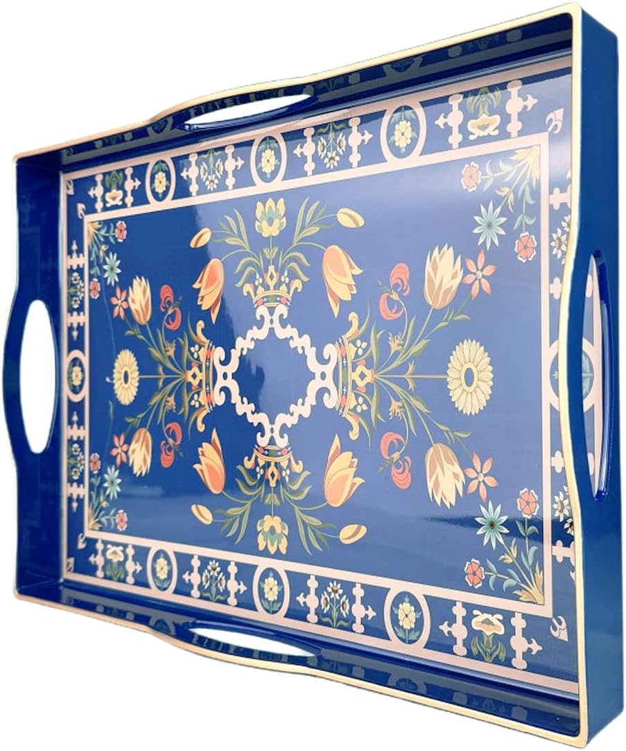 Boho Blue Decorative Tray, Serving Tray with 4 Handles, Plastic Tray for Coffee Table, Ottoman - Ideal for Living Room & Bathroom. 15” x 11” x 1.9”