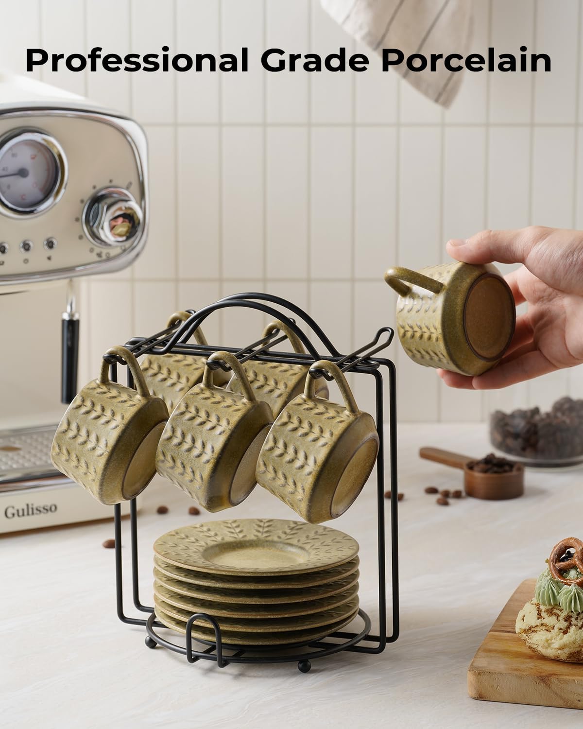 Espresso Cups Set with Saucer and Metal Stand, Porcelain Small Demitasse Cups Cappuccino Cups for Espresso, Latte, Cafe Mocha, Cappuccino, and Tea, 4 oz, Set of 6, Yellow