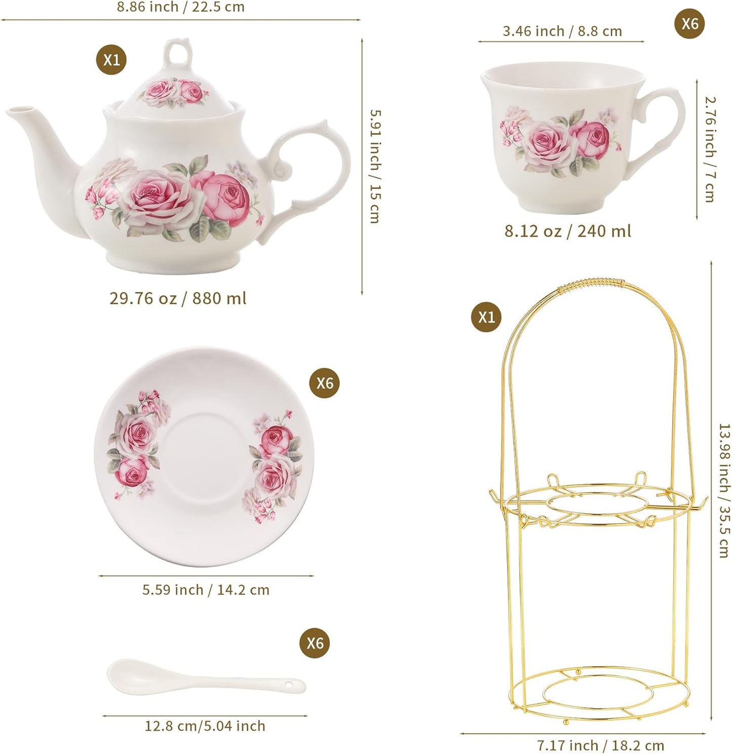 20-Pieces Tea Set For Adult with Golden Metal Rack,Porcelain Tea Sets For Women,Tea Gift Sets for Home&Party(016)