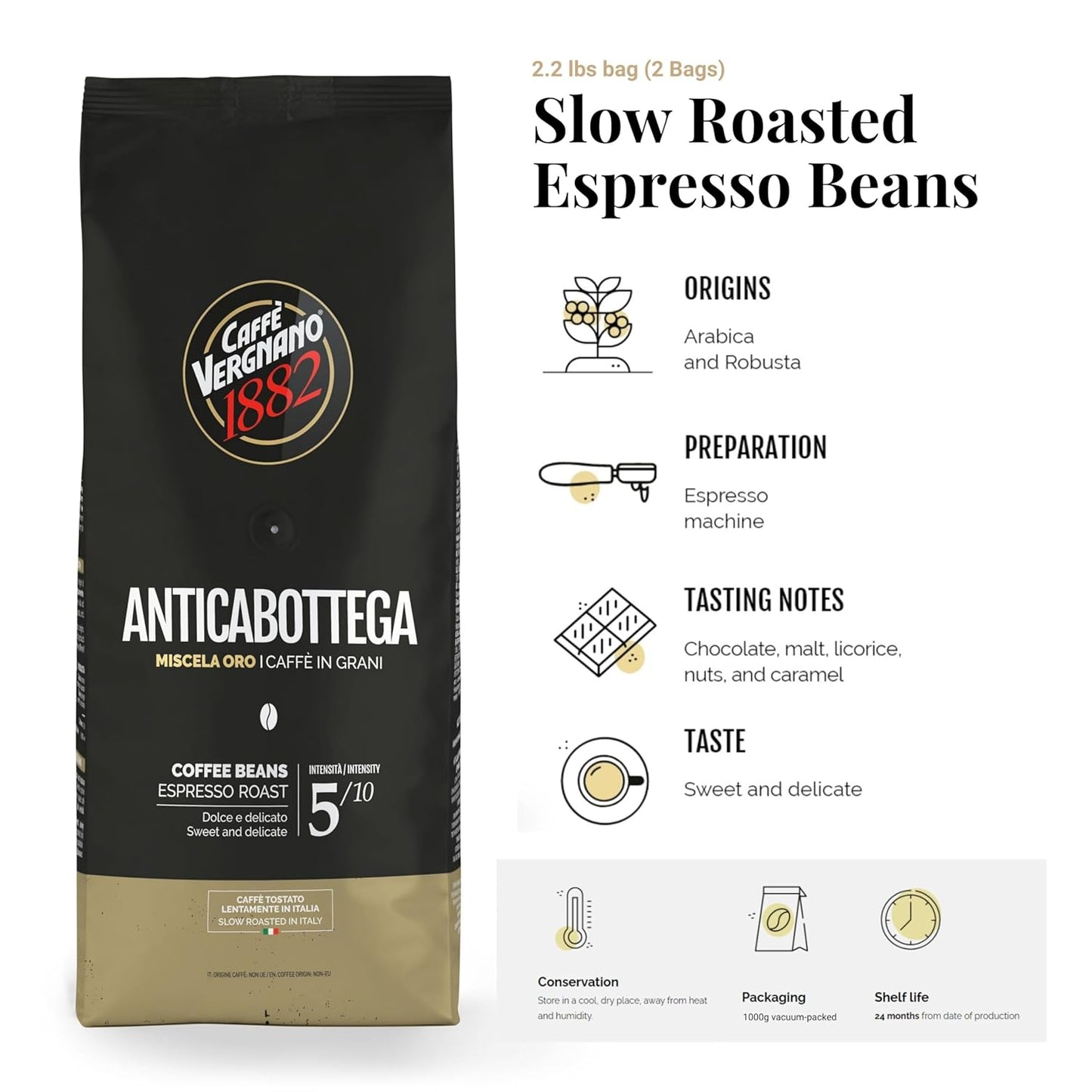 Caffe Vergnano 1882 Antica Bottega Whole Bean Arabica Medium Roast Espresso, 2.2 lbs Bag - Italian Coffee Beans with notes of Chocolate, Nuts & Caramel, Intensity 5/10-1000g Bag (2 Pack)