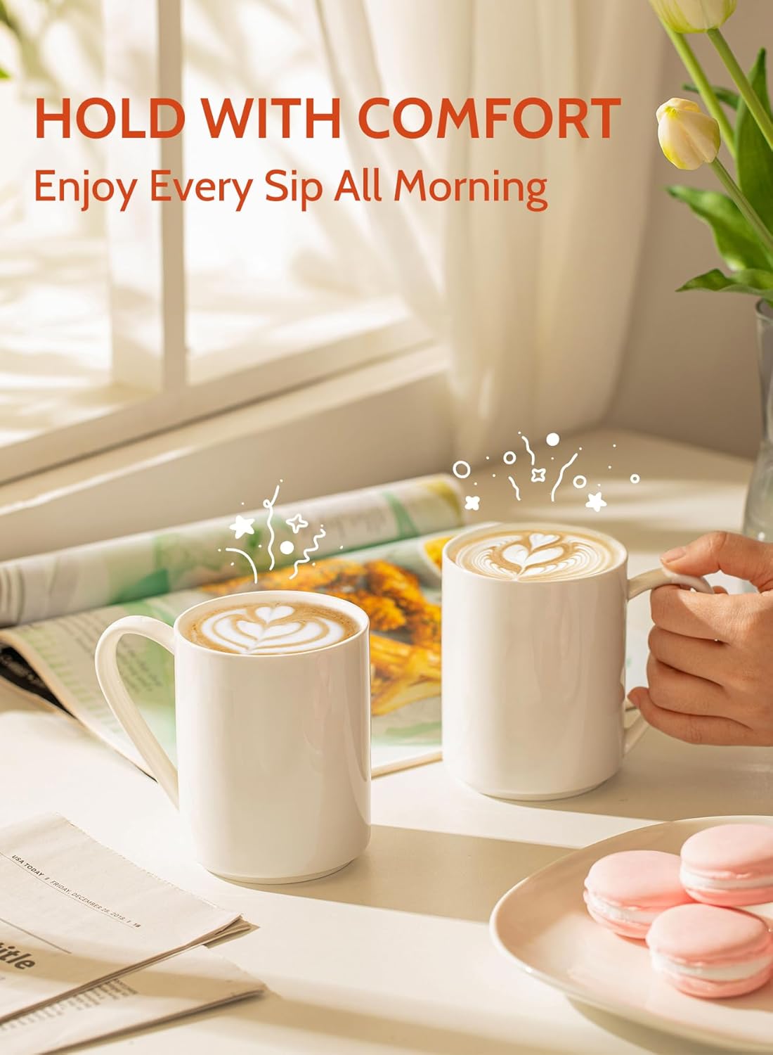 Sweese White Coffee Mug, Porcelain 11 Oz Coffee Mugs Set of 6, Ceramic Coffee Cups with Handle for Coffee, Tea, Cocoa, Cappuccino, Latte and Mulled Drinks