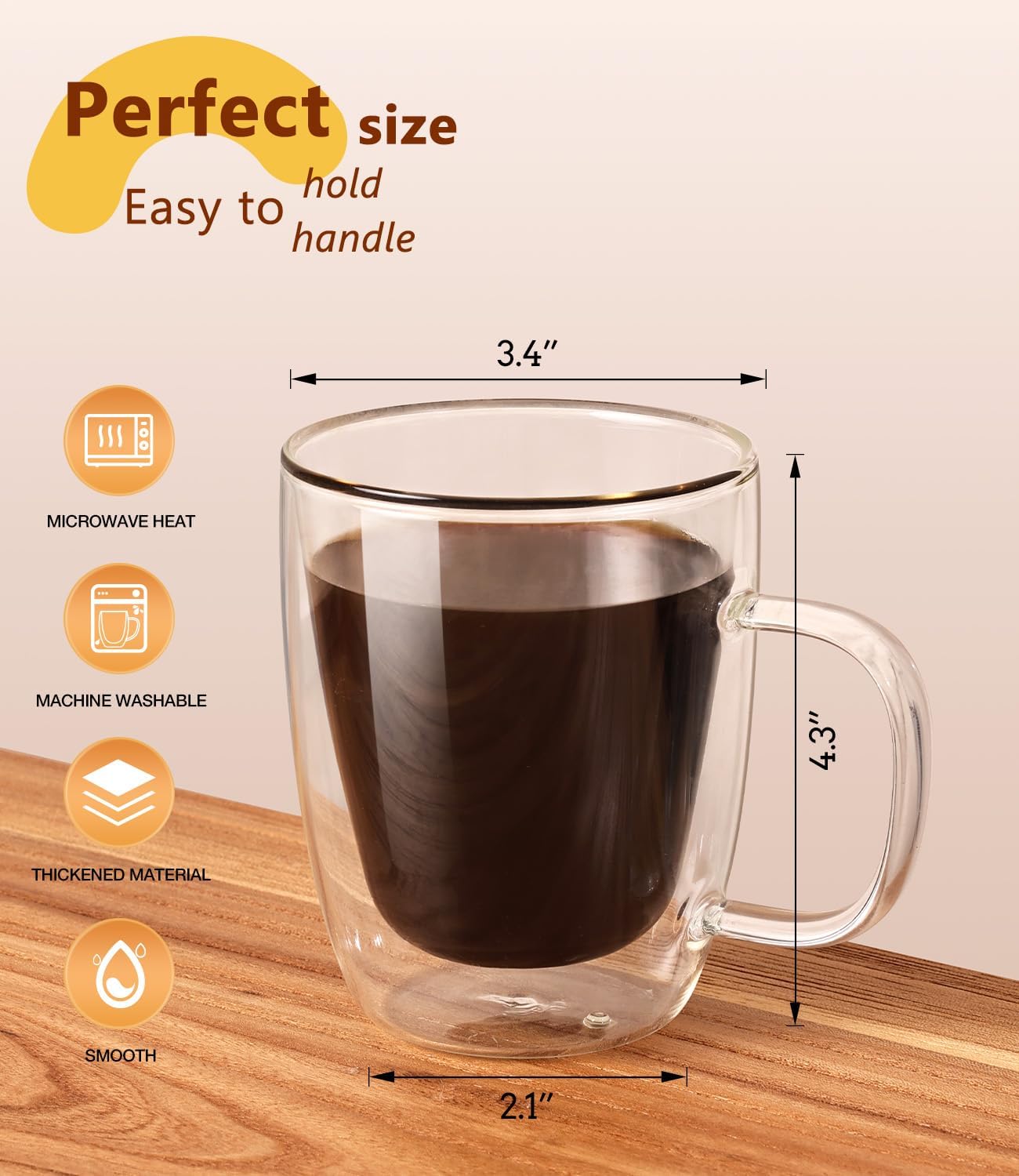 OJA Double Walled Glass Coffee Mugs 12.5oz Hand Blown Clear Coffee Cups Set of 4, Heat Resistant for Cappuccino, Tea, Latte, Espresso, Americano Insulated Borosilicate Glass with Handle