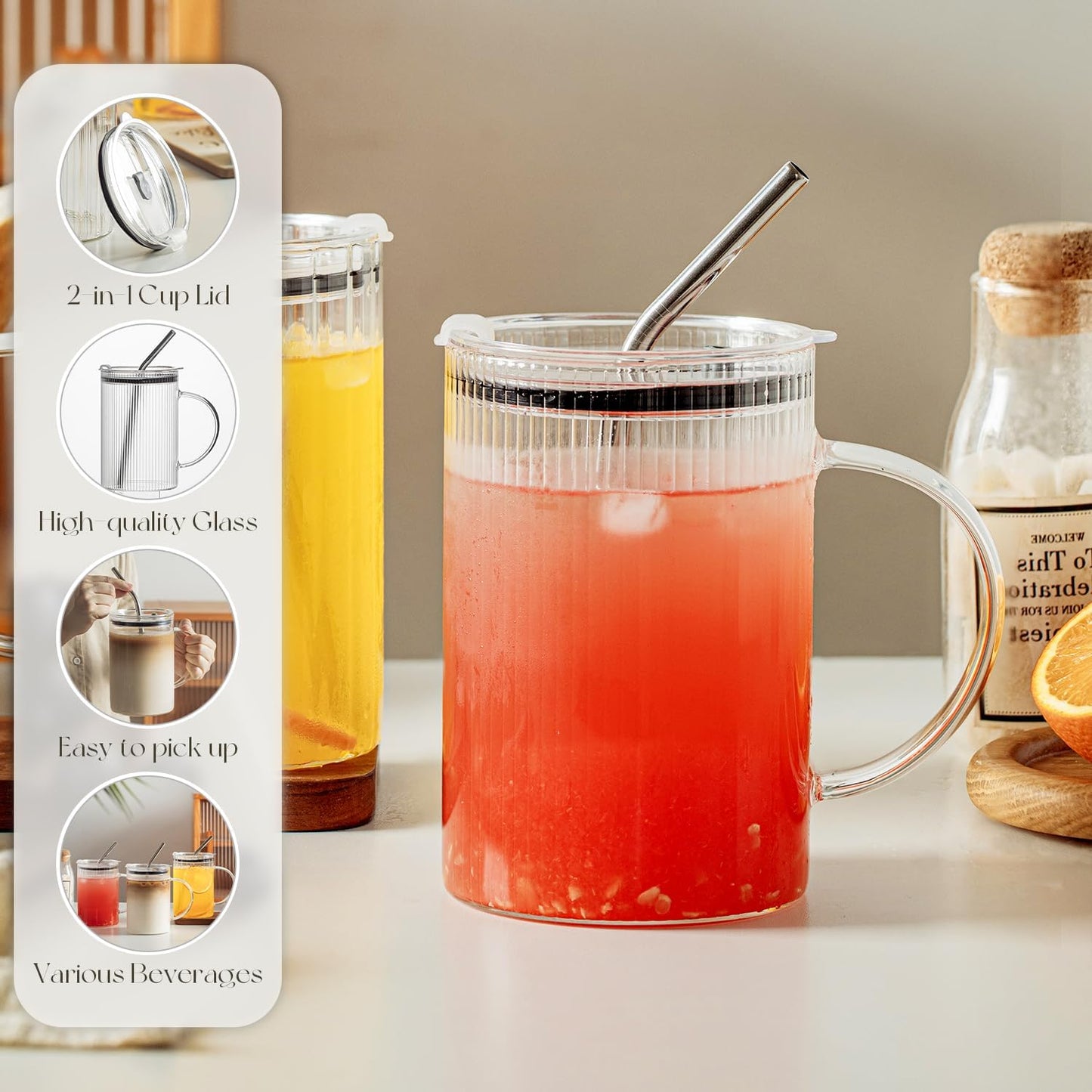 KEMORELA 2 Pack Fine-Ribbed Glass Tumblers with Handle and Lid – 1000ml / 34oz Iced Coffee Cups with Reusable Straws – Large Clear Glass Mugs for Smoothies, Juice & Daily Drinks (2 Pack-Ribbed-Fine)