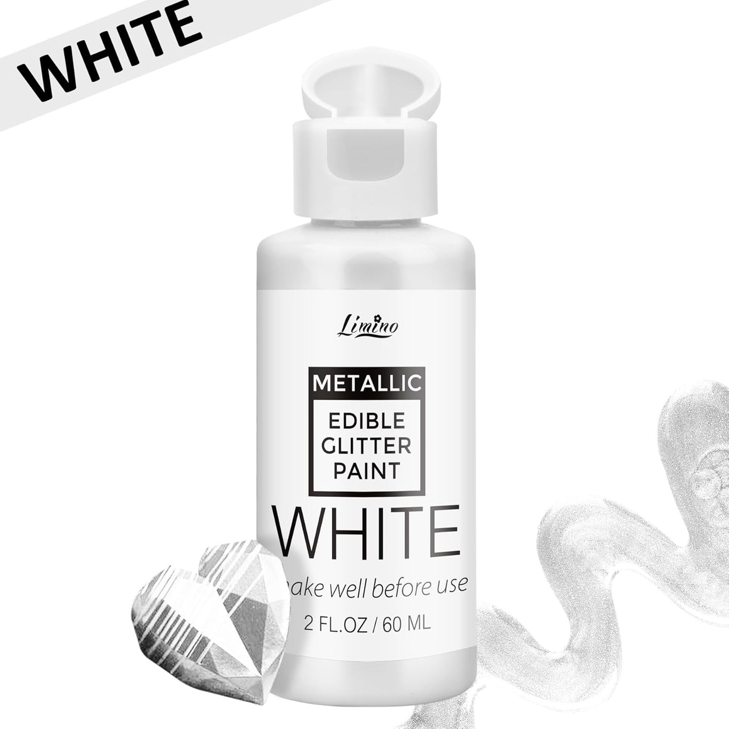 Edible Glitter Paint - 2 fl.oz Food Grade Metallic Glitter Cake Paint for Cake Decorating, Baking, Cupcakes - Shimmer Art Decorative Liquid Edible Paint Food Coloring for Fondant, Donuts (White)