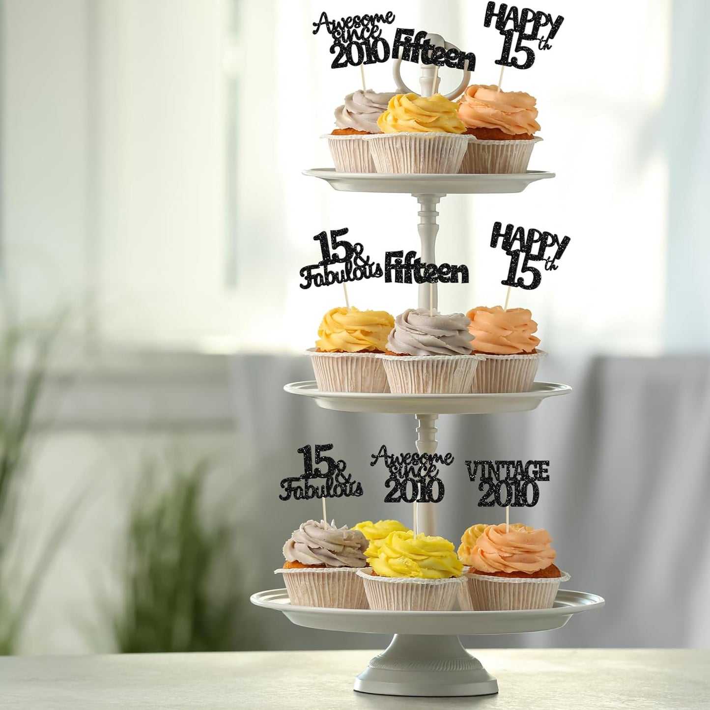 Gyufise 30Pcs Vintage 2010 Cupcake Toppers Glitter Sweet 15 Happy 15th Cupcake Picks Happy 15th Birthday Cake Decorations for Happy 15th Birthday Fabulous Anniversary Party Supplies Black