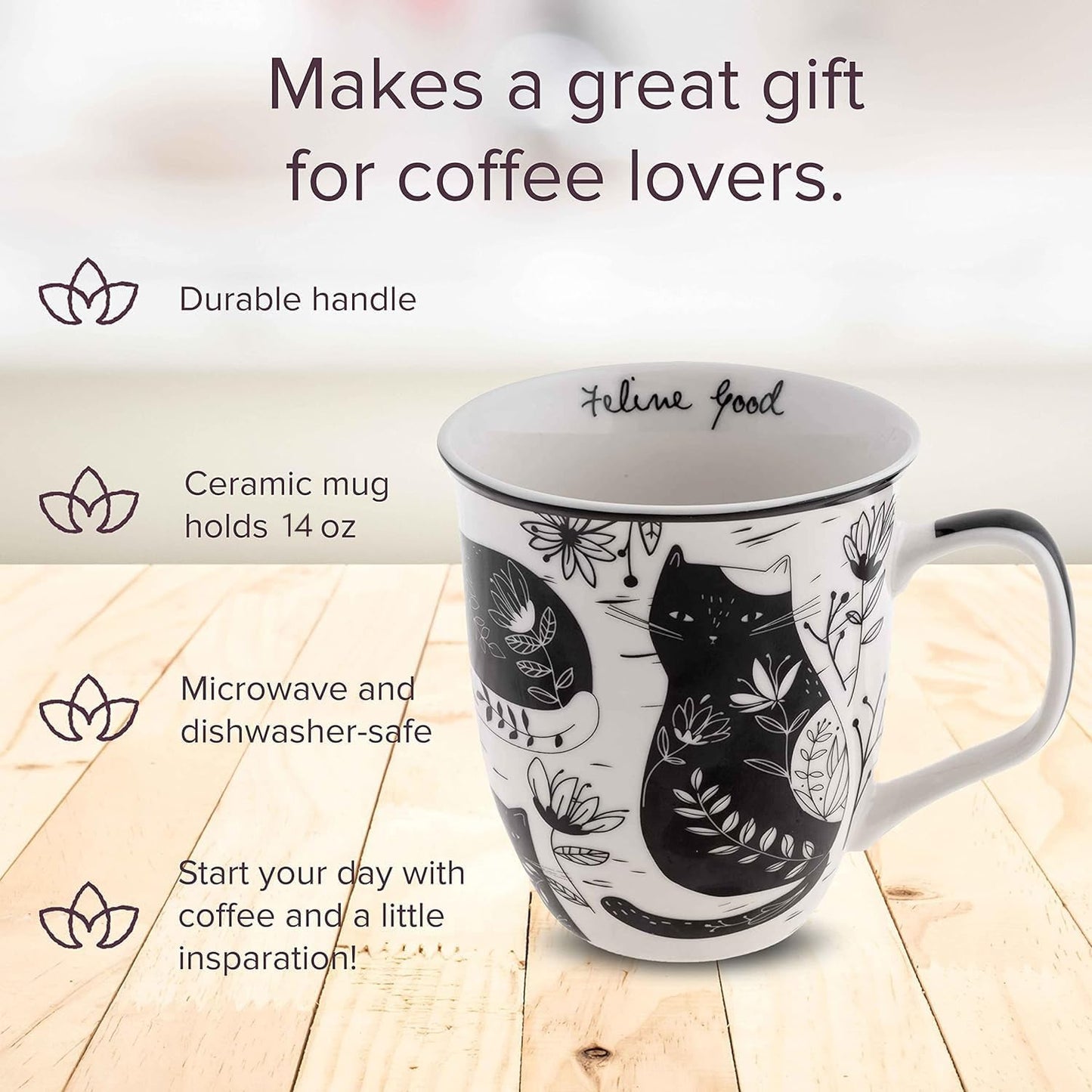 Karma Gifts 16 oz Black and White Boho Mug Cat - Cute Coffee and Tea Mug - Ceramic Coffee Mugs for Women and Men