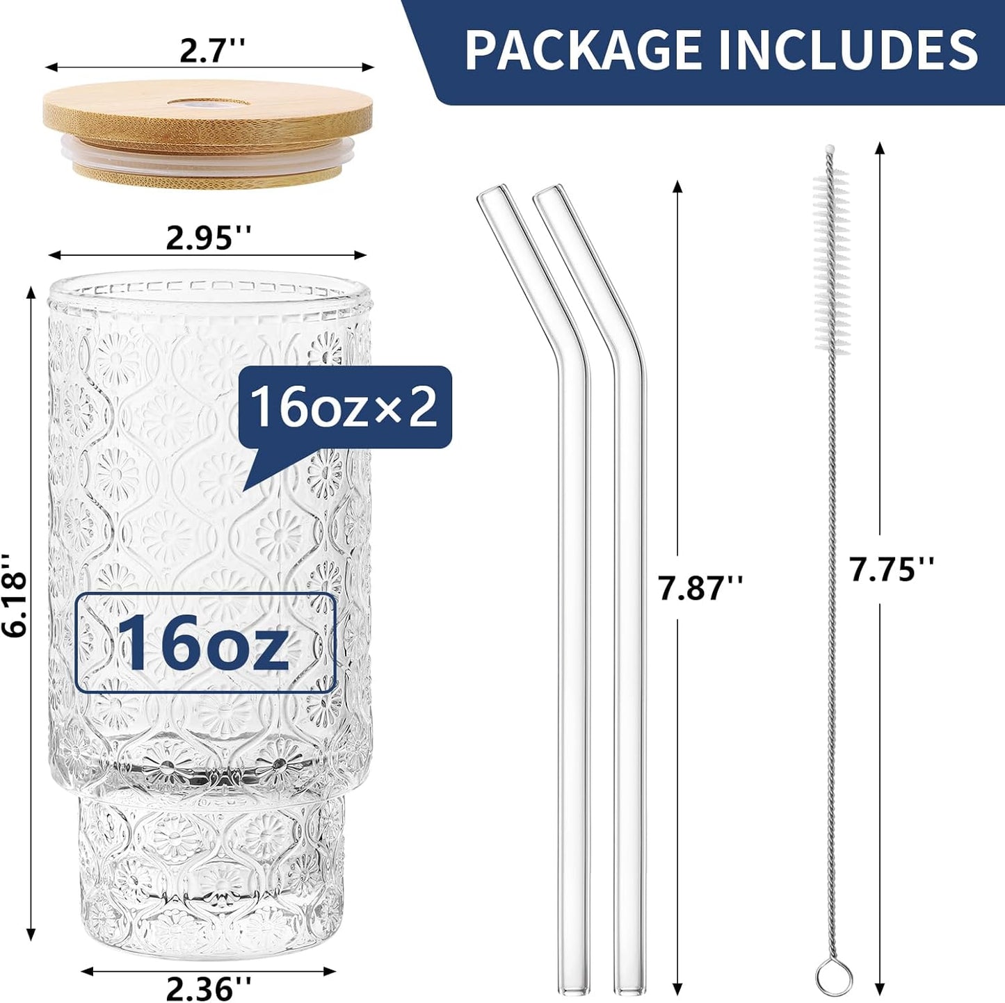 16 Oz Glass Cups Set of 2, Vintage Embossed Floral Glass Tumbler, Iced Coffee Cups with Lid, for Whiskey Cocktail Beer (2 PACK)