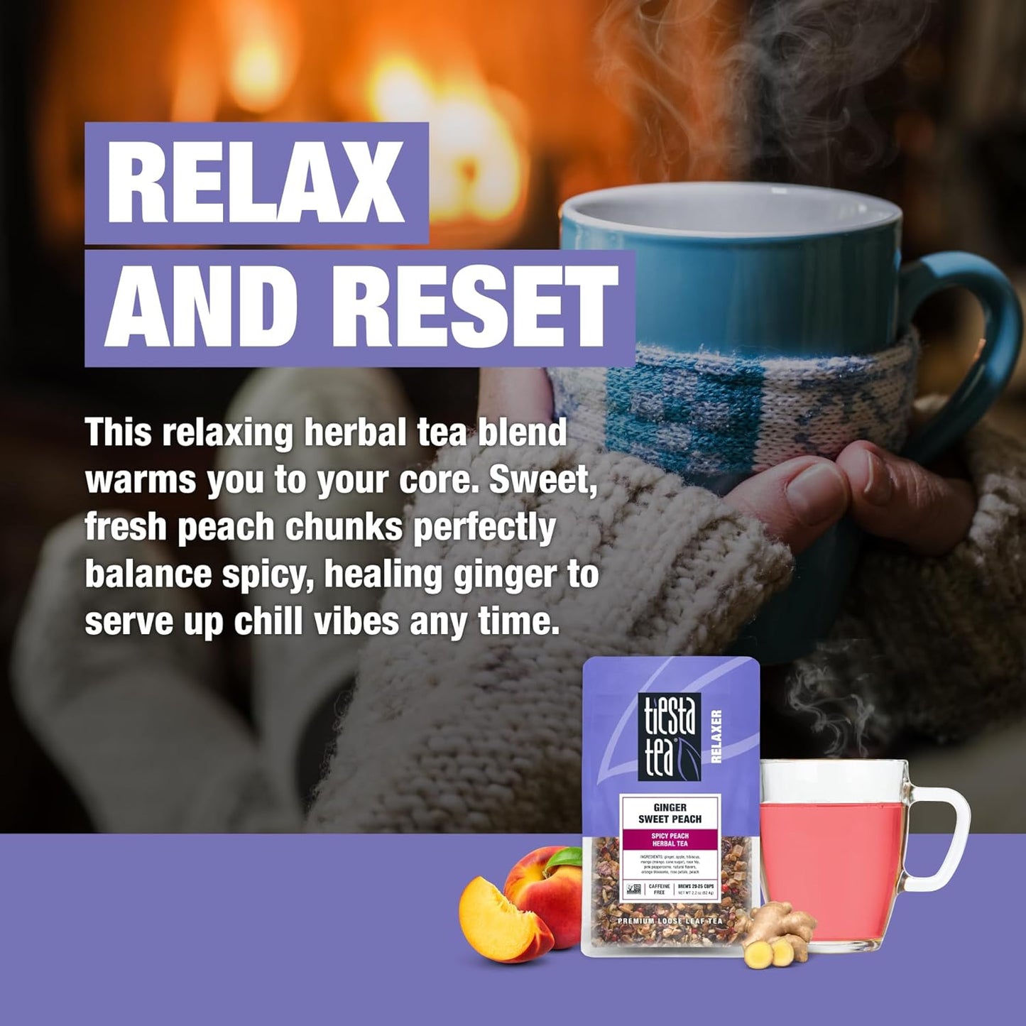 Tiesta Tea - Ginger Sweet Peach, Loose Leaf, Spicy Peach Herbal Tea, Non-Caffeinated Tranquility Blend, Bulk Herbal Leaves with Hibiscus & Cane Sugar, 25 Cups, 2.2 Ounce Resealable Pouch