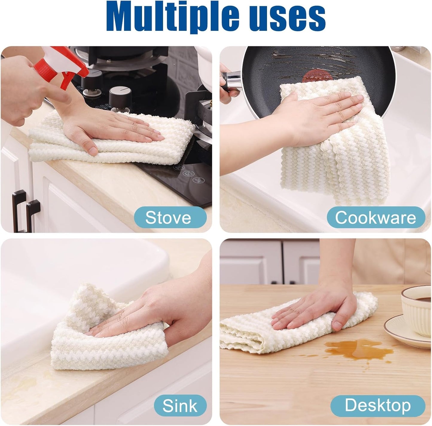 Homaxy Kitchen Towels(24 Pack, 10 x 20 inches), Ultra Soft and Absorbent Dish Towels, Reusable Fast Drying Microfiber Cleaning Cloth, Coral Velvet Wave Design No-lint, Beige