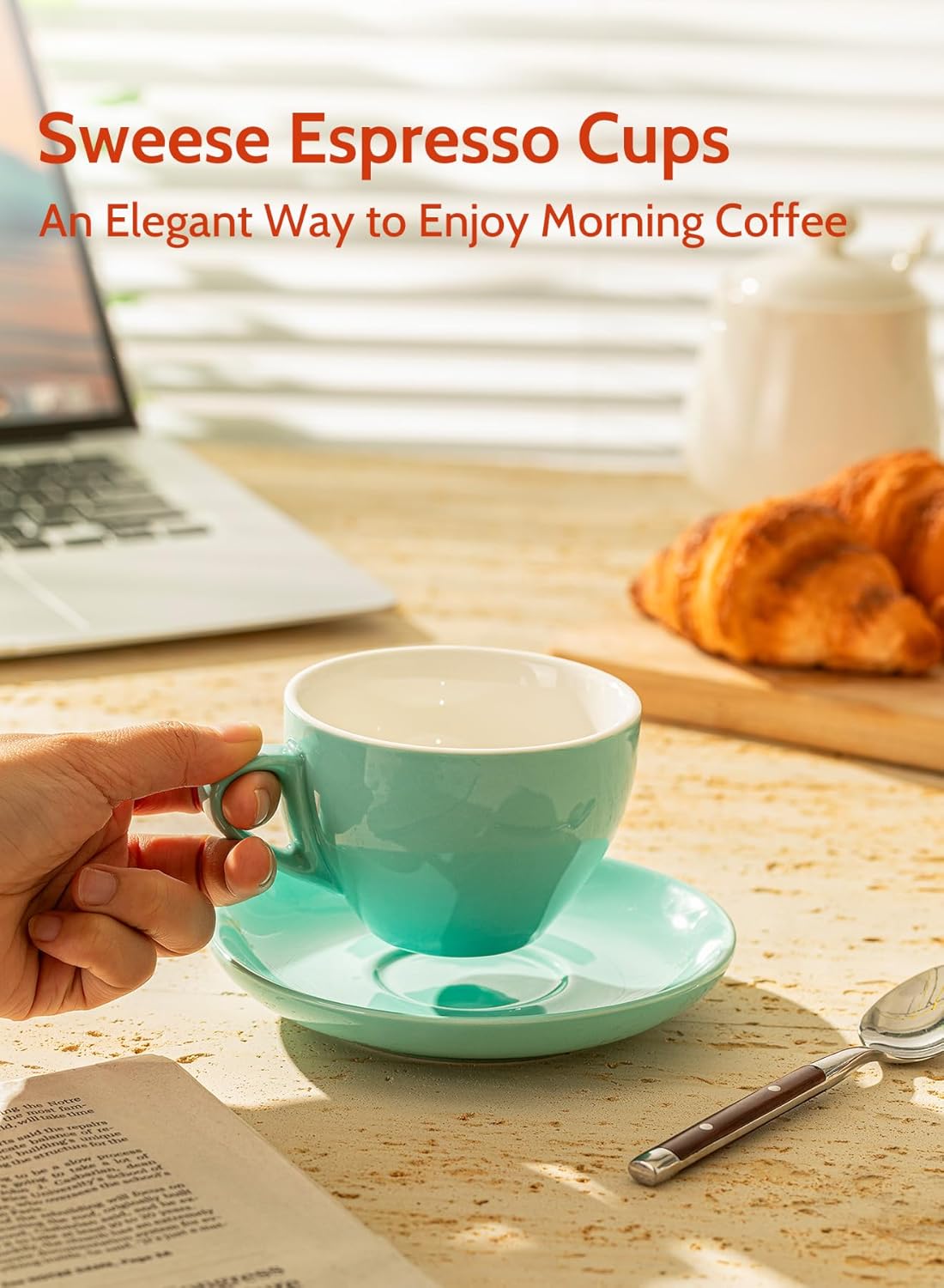 Sweese 6 Ounce Cappuccino Cups with Saucers, Porcelain Double Espresso Cups Set of 6 - Hot Assorted Colors