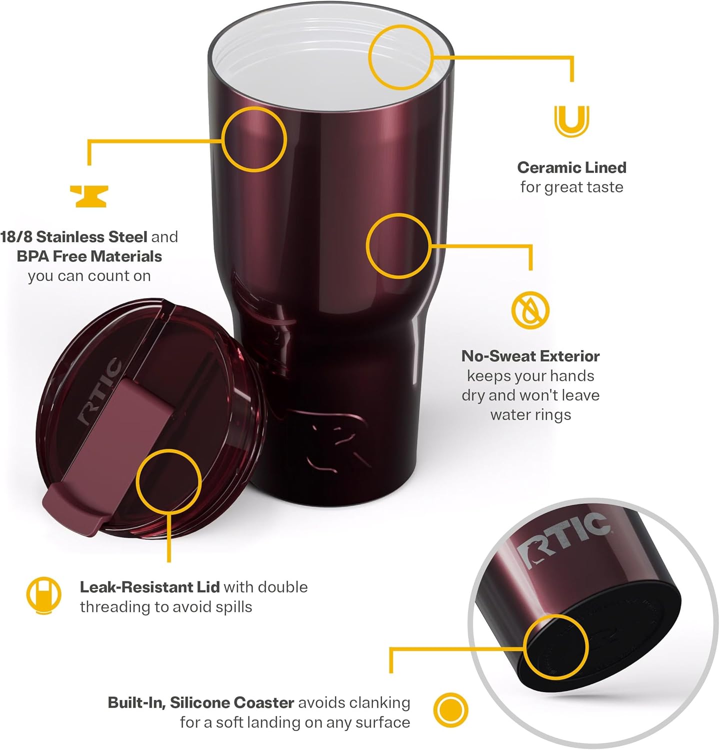 RTIC 30oz Essential Tumbler with Lid, Insulated, Stainless Steel, Metal, Double Wall Vacuum-Insulation, Ceramic Lined, Travel Cup for Iced Coffee, Tea, Hot and Cold Drink, Vintage Rose Metallic