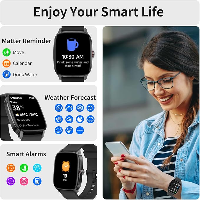 Smart Watch for Men Women, Bluetooth Calling, AI Built-in, IP68 Waterproof, Fitness Tracker, Sleep Monitoring, 1.85'' DIY Dial, 100+ Sports Modes, 7 Days Battery, Compatible with Android & iPhones