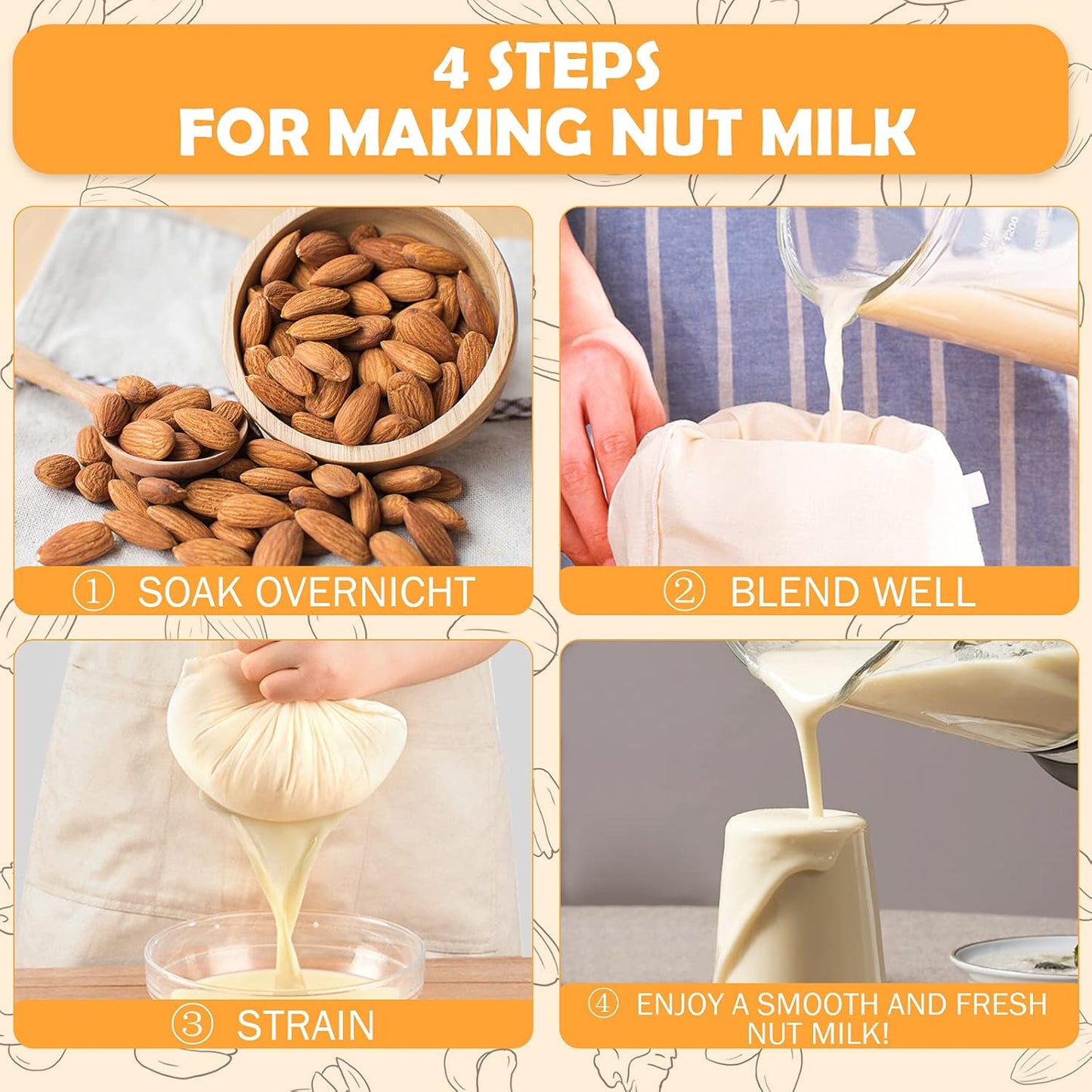 10 Pack Nut Milk Bag, 12‘’ x 14‘’ Fine Mesh Grade Reusable Cheesecloth Bags Strainers, Unbleached Organic Cotton Filter Bags for Almond Milk, Juices, ColdBrew, Cheese, Tea, Yogurt, Coffee