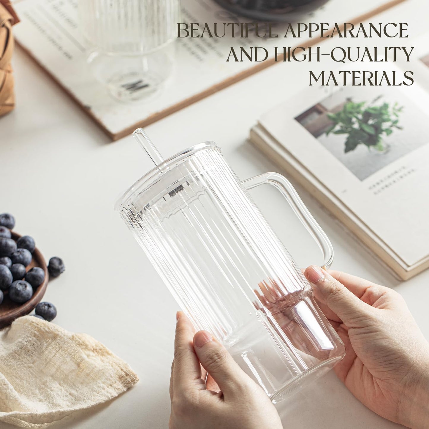 KEMORELA 2PCS 20 Oz Ribbed Glass Tumblers with Lids & Straws – Handle Iced Coffee Cups, Reusable Clear Drinkware for Smoothies & Cold Beverages – Dishwasher Safe