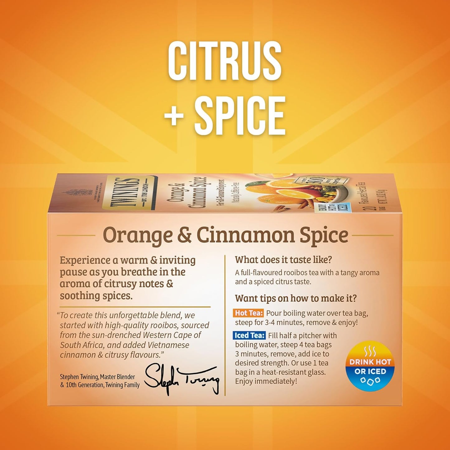 Twinings Orange & Cinnamon Spice Herbal Tea Individually Wrapped Bags, 20 Count (Pack of 1), Naturally Caffeine-Free, Enjoy Hot or Iced, 20 Teabags