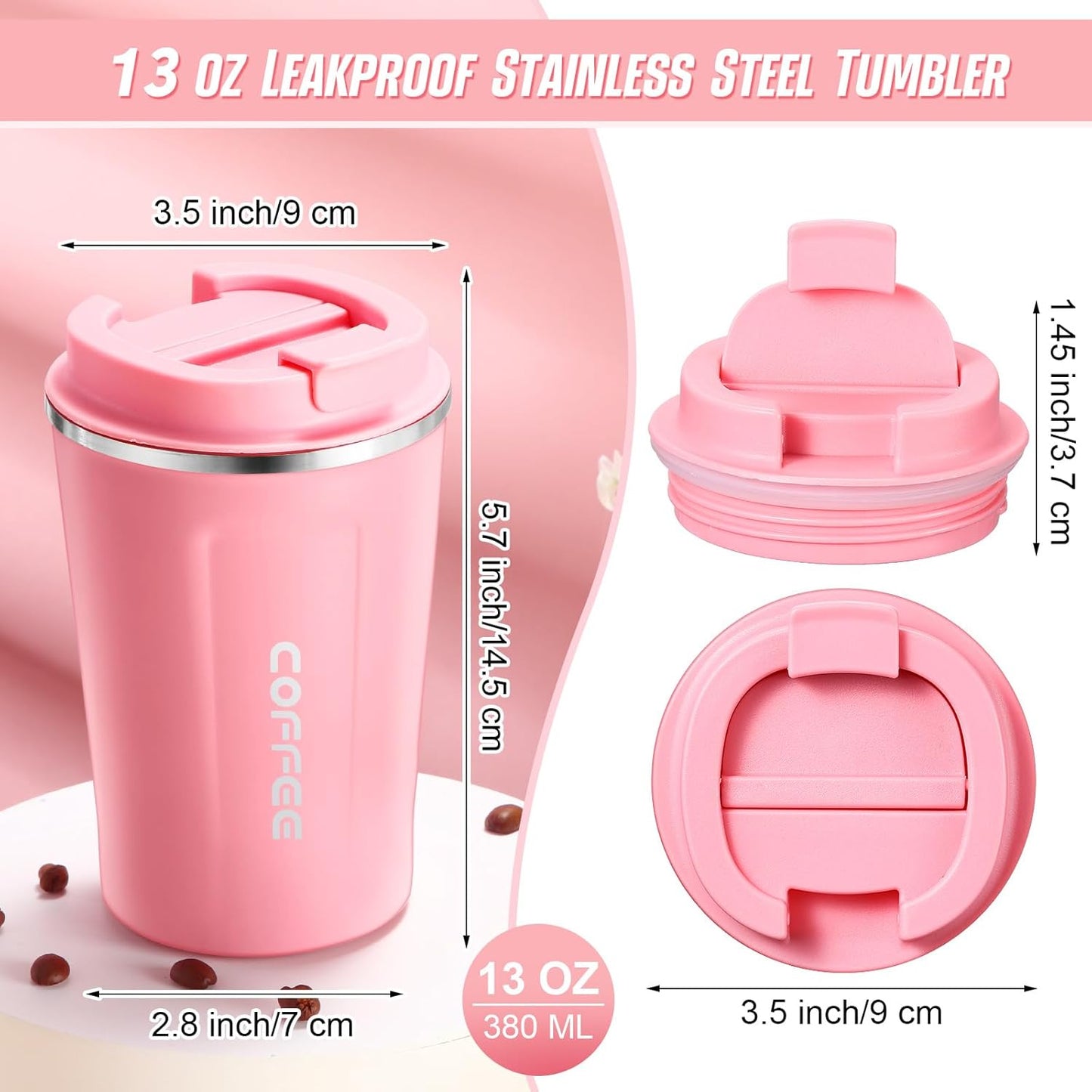 Sieral 4 Pcs 13 oz Travel Coffee Mug Insulated Reusable Coffee Cups with Leakproof Lid Stainless Steel Portable Tumbler for Keep Hot or Ice Milk Tea(Pink)