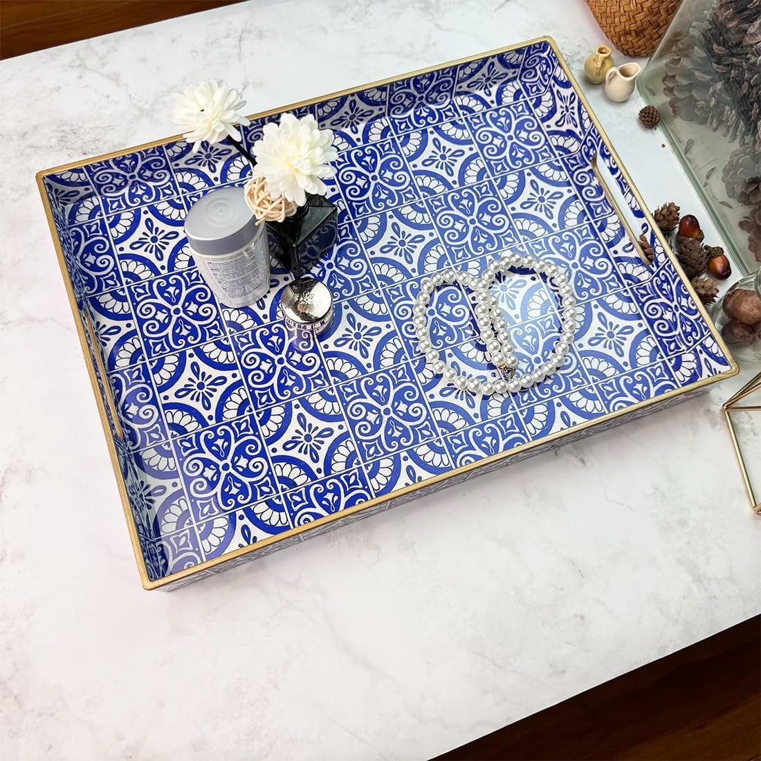 Serving Tray with Handles, Rectangular Decorative Trays for Coffee Table, Plastic Ottoman Tray for Living Room, Decor, Boho Blue, 15.7”*11.8”*1.6"