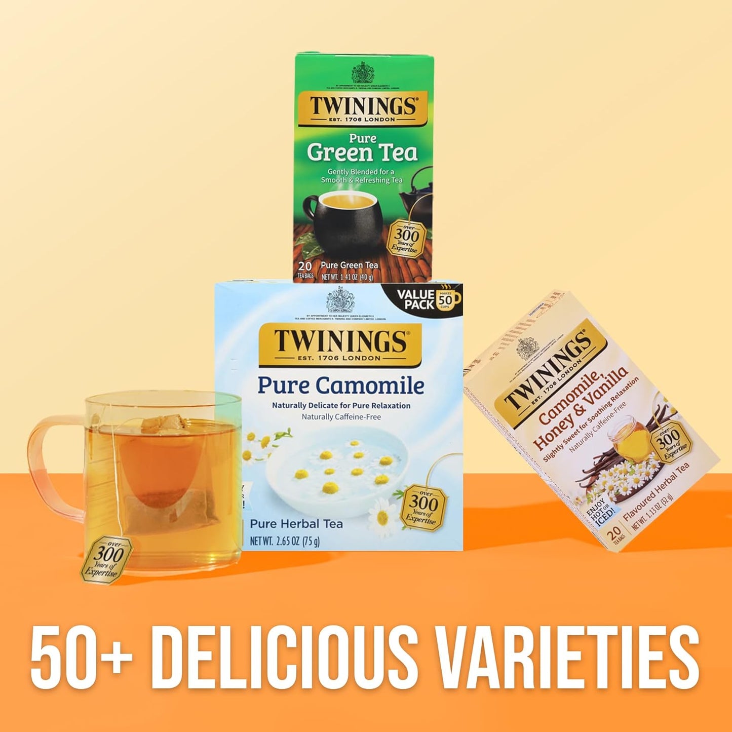 Twinings Pure Camomile Herbal Tea individually Wrapped Bags, 50 Count (Pack of 6), Naturally Caffeine-Free, Enjoy Hot or Iced, 300 Teabags