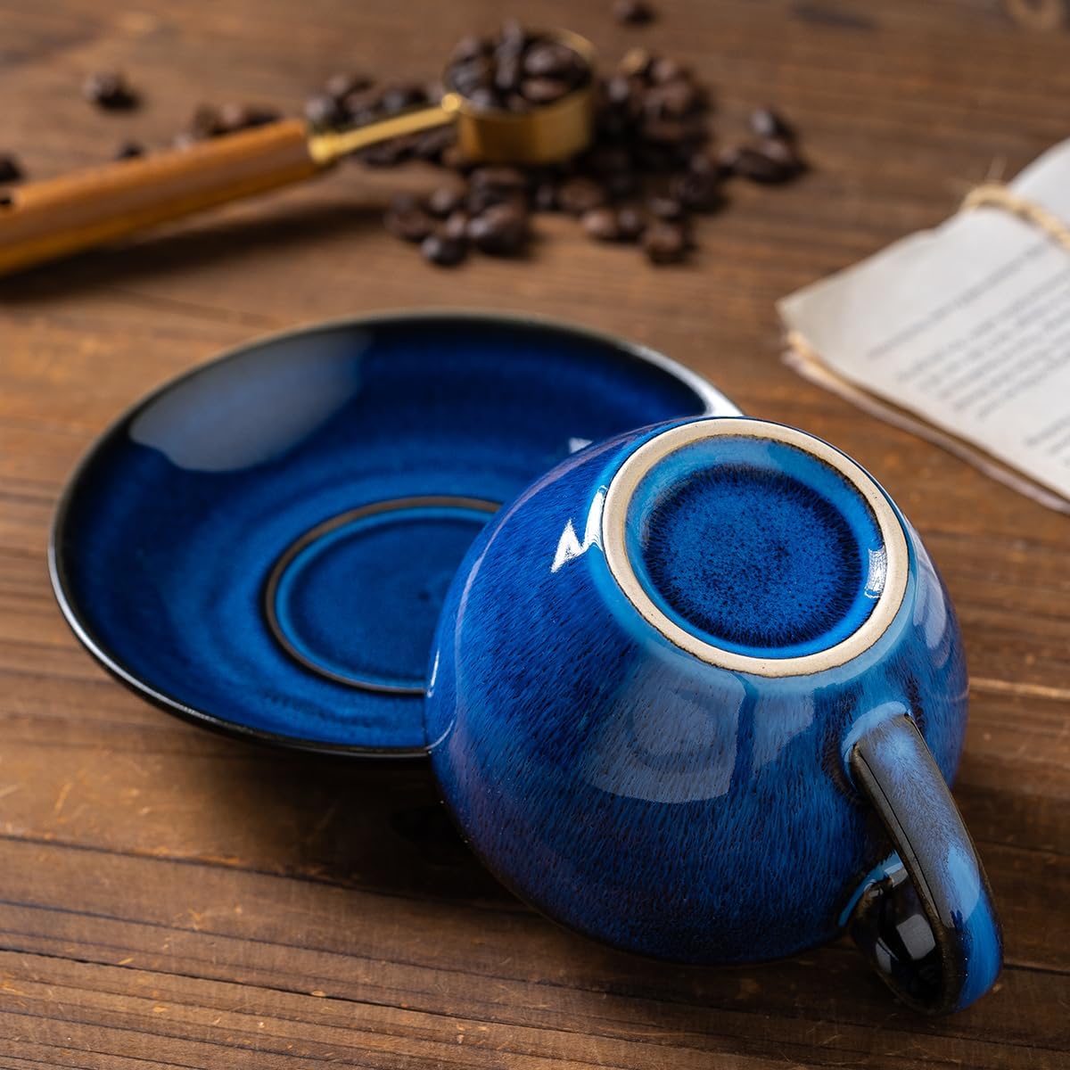 Porcelain Coffee Cup with Saucer Spoon, Vintage Design Ceramic Latte Art Cappuccino Barista Espresso Tea Cup with Saucer (11.6 oz, 350ml, Starry Blue)